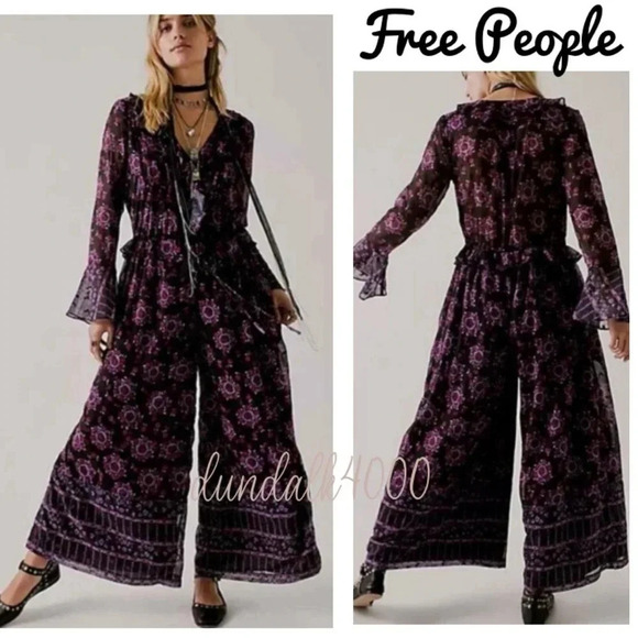 Free People Pants - Free People x Anna Sui Cassiel Printed Jumpsuit Black Combo XS